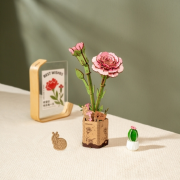 Maquette Bois Pot de Fleurs Oeillet Rose Carnation Puzzle 3D de 124 pièces TW051 Rolife