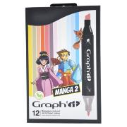 Feutres Graph'It 12 couleurs Manga 2 Marqueurs à Alcool Double-Pointe Biseau et Fine