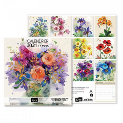 Calendrier mural 2024 Collage Fleurs 12 illustrations 16 mois 30X30 cm Bug Art Kiub