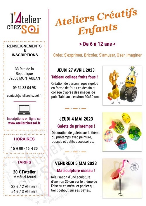 Ateliers Créatifs pour Enfants Vacances Printemps 2023 Montauban
