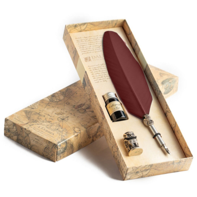 Set Calligraphie Hibou Porte-plume Bordeaux et repose-plume métal Encre Dallaiti