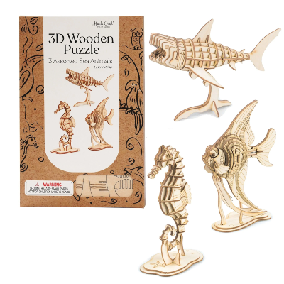 Maquette Bois 3 Animaux Mer Poisson Hippocampe Requin 16cm 3 Puzzles 3D 118 pièces