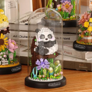 Kit Mini-briques sous Cloche Panda assis Branche Fleurs H19cm Ø11cm 1083 pièces Panda Garden