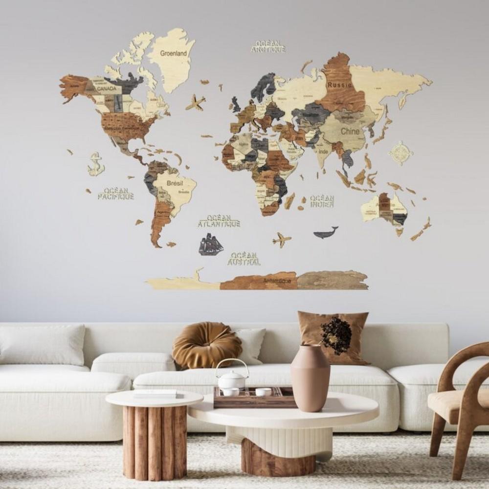Carte de monde 3D en bois multicolore taille M