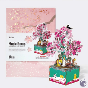 Kit Boîte à musique Cerisier en fleurs à fabriquer 27 cm Puzzle 3D Bois mécanisme à manivelle 148 pièces