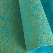 Papier Népalais Lokta Feuillage Turquoise Motif Ocre Feuille 50x75 cm