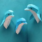 Kit de pliage Trophée Origami Dauphin Papier Bleu turquoise à fabriquer 43x37x47 cm