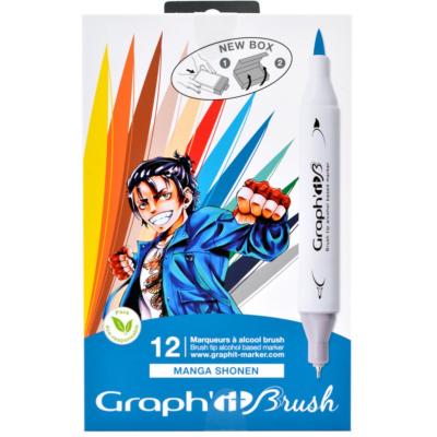 Feutres Graph'It Brush 12 couleurs Manga Shonen Marqueurs à Alcool Double-Pointe Pinceau et Fine