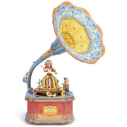 Kit Boîte à musique Gramophone Danseuse à fabriquer 22 cm Puzzle 3D Bois mécanisme à manivelle 109 pièces