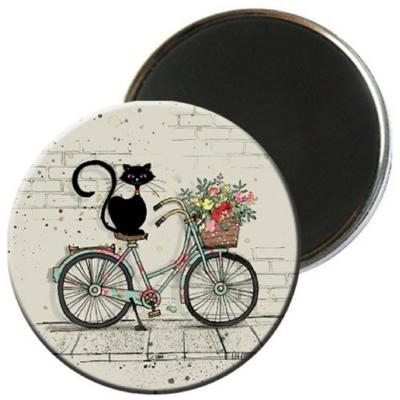 Magnet rond 56mm Chat Noir Bicyclette Bug Art Kiub