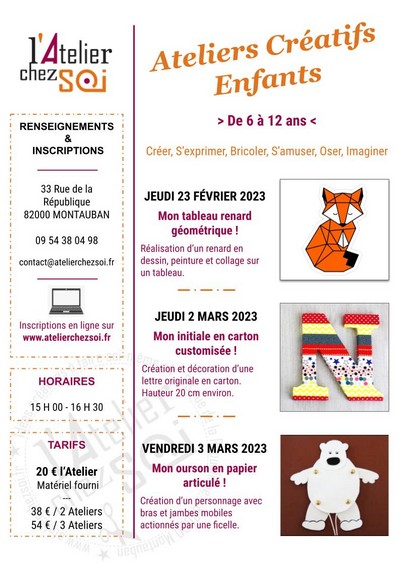 [Terminé] Ateliers Créatifs pour Enfants Vacances Février 2023 Montauban