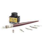 Set Calligraphie Bordeaux Porte-Plume Bois et métal décoré 6 plumes et Encre Dallaiti