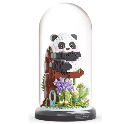 Kit Mini-briques sous Cloche Panda assis Branche Fleurs H19cm Ø11cm 1083 pièces Panda Garden