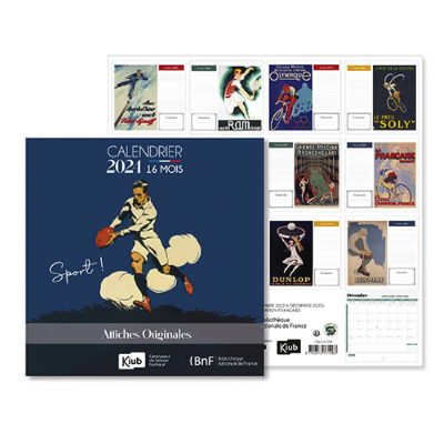 Calendrier mural 2024 Affiches Sports 12 illustrations 16 mois 30X30 cm BnF Kiub