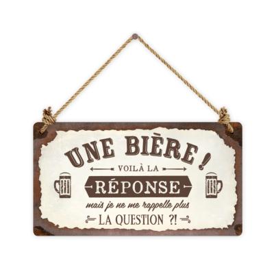 Pancarte Bistrot Une Bière Voilà la Réponse 12x22cm Carton effet Métal