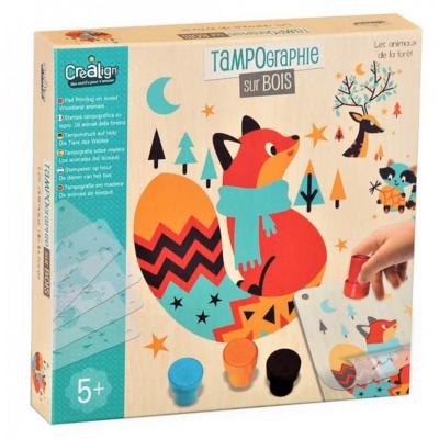 Coffret Tampographie sur bois 3 Tableaux Animaux de la forêt 5 ans Crealign