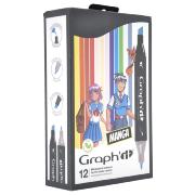 Feutres Graph'It 12 couleurs Manga Marqueurs à Alcool Double-Pointe Biseau et Fine