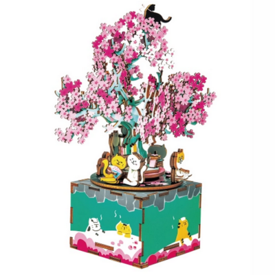 Kit Boîte à musique Cerisier en fleurs à fabriquer 27 cm Puzzle 3D Bois mécanisme à manivelle 148 pièces