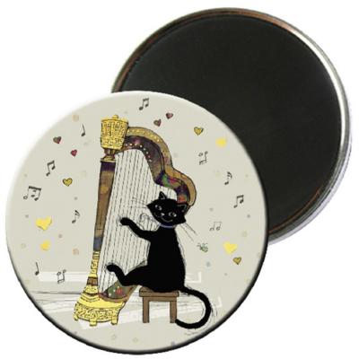 Magnet rond 56mm Chat Noir Harpe Bug Art Kiub