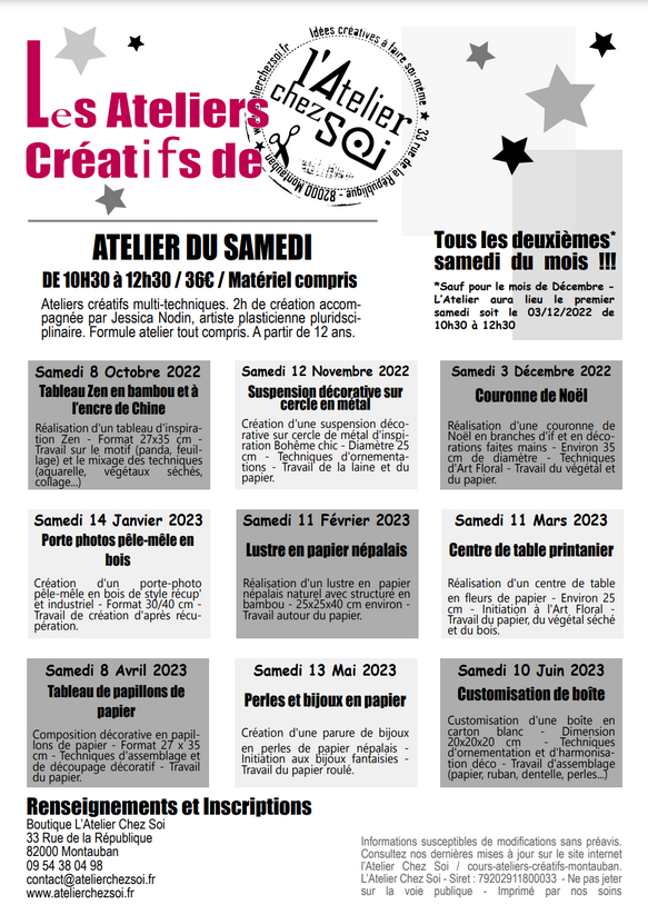 [Termine] Ateliers du Samedi 2022-2023  L'Atelier Chez Soi Montauban