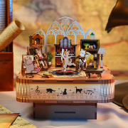 Kit Boîte à musique Famille Chats Salon H14 cm Puzzle 3D Bois mécanisme à manivelle 94 pièces Tonecheer