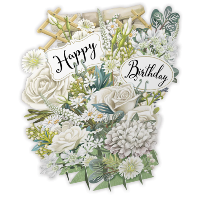 Carte 3D Fleurs Blanches Happy Birthday 16x16 Décor en relief avec enveloppe