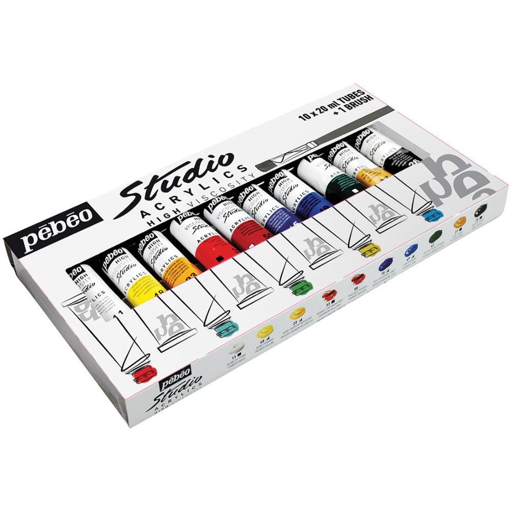 LA PAPETERIE DE JEANNE  PEINTURE ACRYLIQUE PÉBÉO STUDIO ACRYLICS 1 BROSSE  SOIE BEAU BLANC OFFERTE BOÎTE 10 TUBES 20 ML