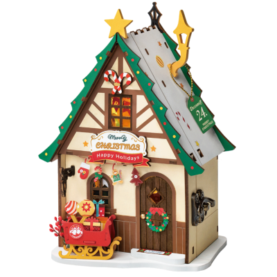 Kit Maquette Bois Maison de Noël scintillante 12x9x18 cm DS036 Rolife