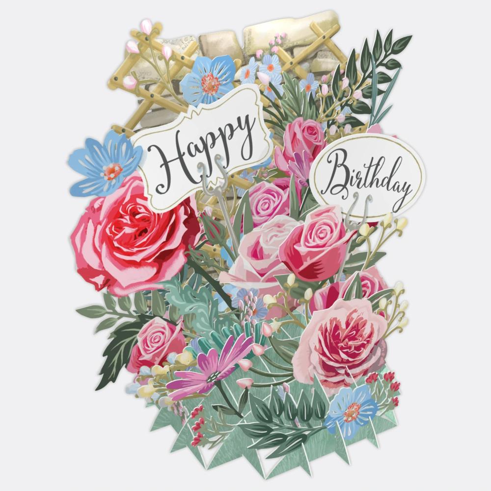 Carte 3D Fleurs Roses Happy Birthday 16x16 Décor en relief avec enveloppe