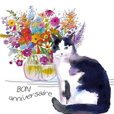 Carte double Bon Anniversaire Chat et Fleurs 16.5x16.5 cm Aerial Editor