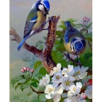 Broderie Diamant Oiseaux Mésanges sur Branche fleurie Toile complète roulée 40x50 Diamants carrés Figure d'Art