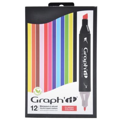 Feutres Graph'It 12 couleurs Classic Marqueurs à Alcool Double-Pointe Biseau et Fine