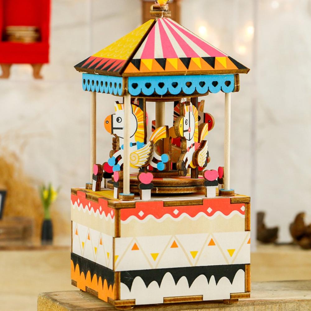 DIY 3D Carrousel Boîte à Musique en Bois Puzzle Modèle Merry-Go-Round Cadeau 