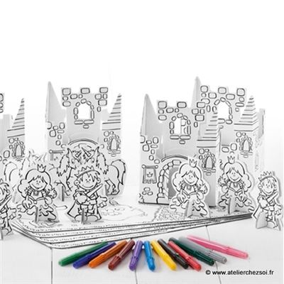 Pack 4 kits chateau en carton à colorier - 12 feutres inclus