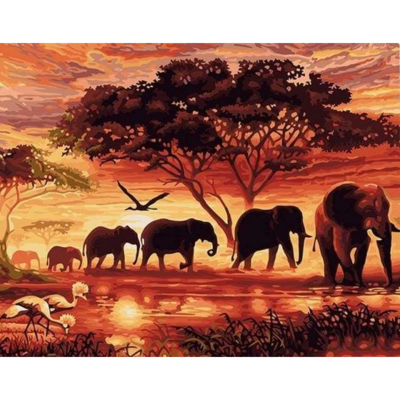 Peinture par numéros Elephants au Coucher du soleil Tableau 40x50 Figure d'Art