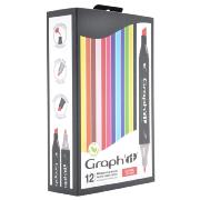 Feutres Graph'It 12 couleurs Classic Marqueurs à Alcool Double-Pointe Biseau et Fine