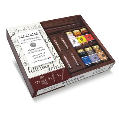 Coffret Calligraphie 12 flacons 10ml Encres d'Artistes Colorées Porte-plume et Plumes Sennelier