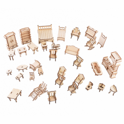 Set de 34 Meubles pour Maison de poupées à construire 185 pièces Bois Ech 1/24