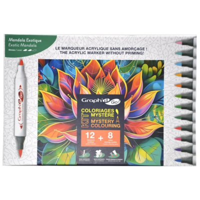 Kit Coloriage Mystère Exotic Mandala 12 Marqueurs Acrylique Graph'It Go et 8 Cartes