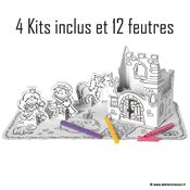 Pack 4 kits chateau en carton à colorier - 12 feutres inclus