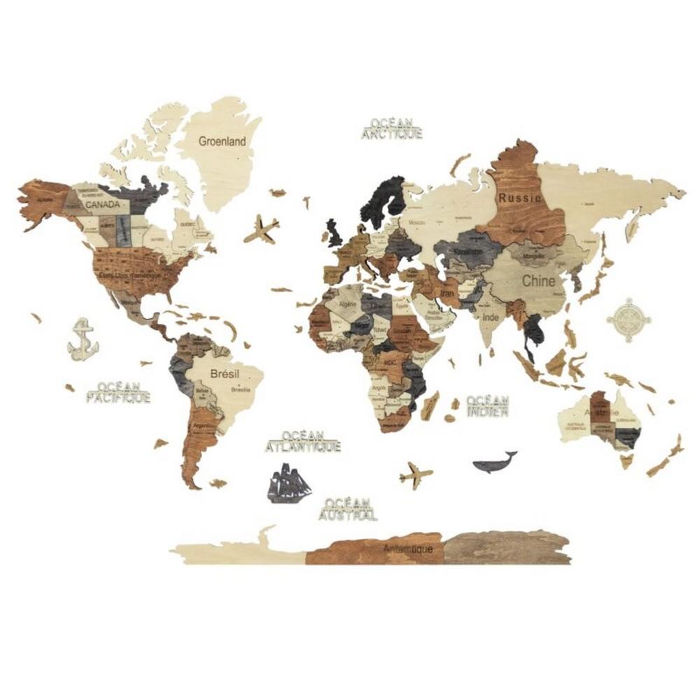 Carte du monde en bois 3D Ambrée