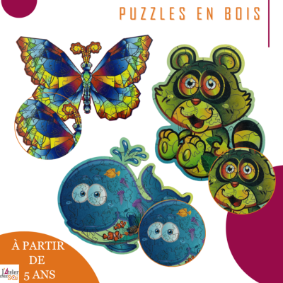 [Enfants] Puzzles en Bois Coloré, composés de pièces uniques | Baleine, Abeille, Dragon,...