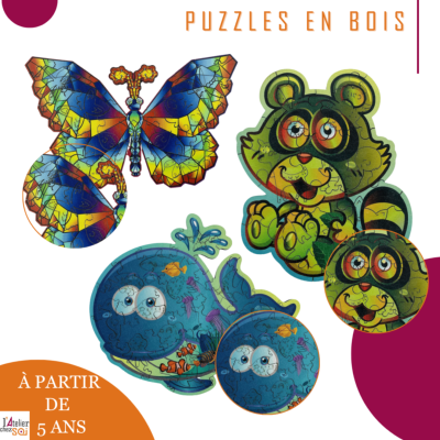 [Enfants] Puzzles en Bois Color, composs de pices uniques | Baleine, Abeille, Dragon,...