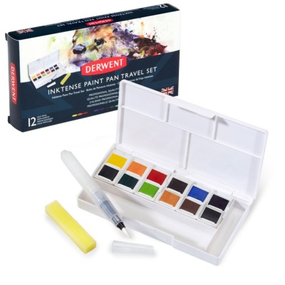 Peinture Aquarelle Boîte de voyage 12 couleurs Pinceau réservoir Inktense Derwent Palette 01