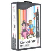 Feutres Graph'It 12 couleurs Manga 2 Marqueurs à Alcool Double-Pointe Biseau et Fine