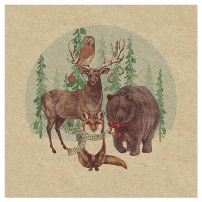 Serviettes en papier  Animaux de la Forêt Noël fond kraft 33x33 cm X20 Arte Bene
