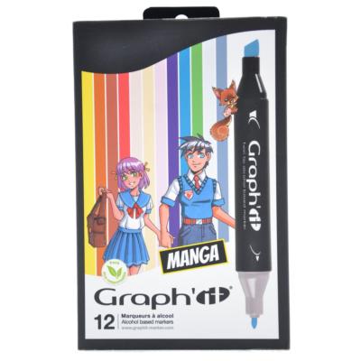 Feutres Graph'It 12 couleurs Manga Marqueurs à Alcool Double-Pointe Biseau et Fine