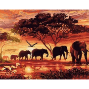 Peinture par numéros Elephants au Coucher du soleil Tableau 40x50 Figure d'Art