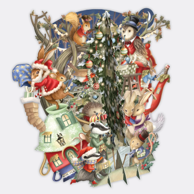 Carte Noël 3D Les Animaux fêtent Noël 16x16 Décor en relief avec enveloppe