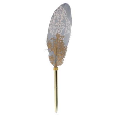 Stylo bille Plume d'oiseau 23 cm Bleu Gris motif Dentelle Encre noire ArteBene